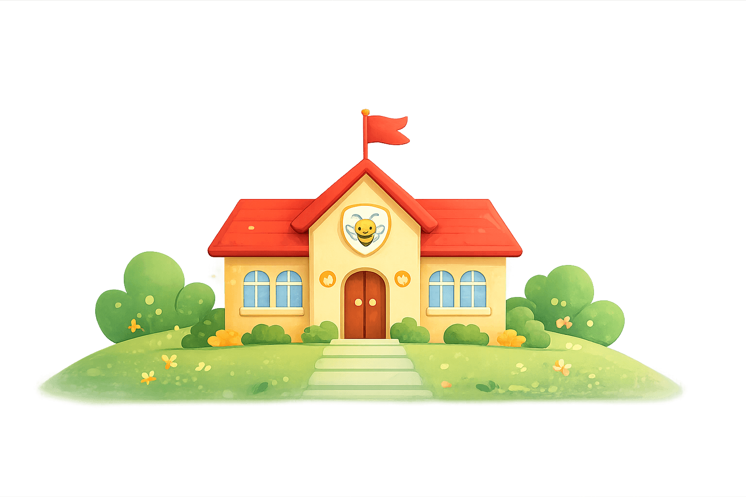 The HoneyBee Academy schoolhouse surrounded by happy children
